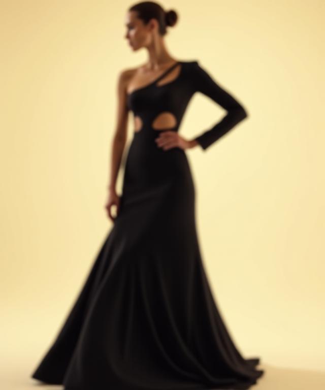 Model wearing a minimalist black evening gown with geometric cutouts